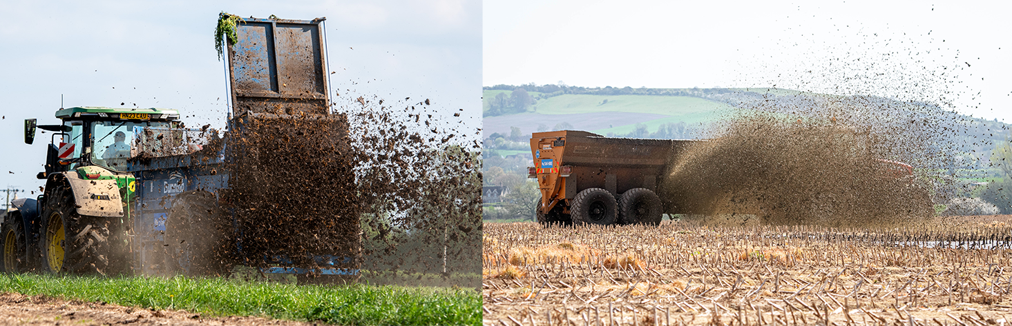 rear and side discharge muckspreader spreading muck on fields